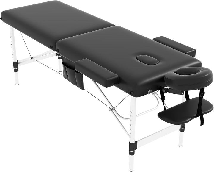 Massage Table Massage Bed Portable, 29 Lbs Light Weight 2 Section Foldable Tattoo Bed Facial Care Spa Lash Bed Height Adjustable Sturdy Wooden Frame with Accessories Carrying Bag, Black