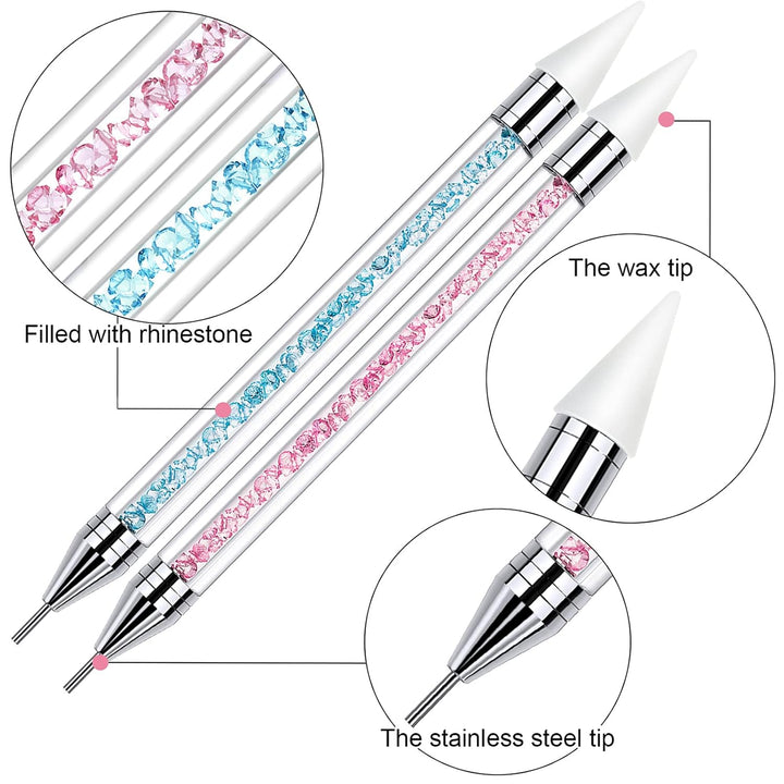 2 Pieces Rhinestone Picker Dotting Pen, Dual-Ended Rhinestone Gems Crystals Studs Picker Wax Pencil Pen Crystal Beads Handle Manicure Nail Art DIY Decoration Tool (Light Blue Pink)