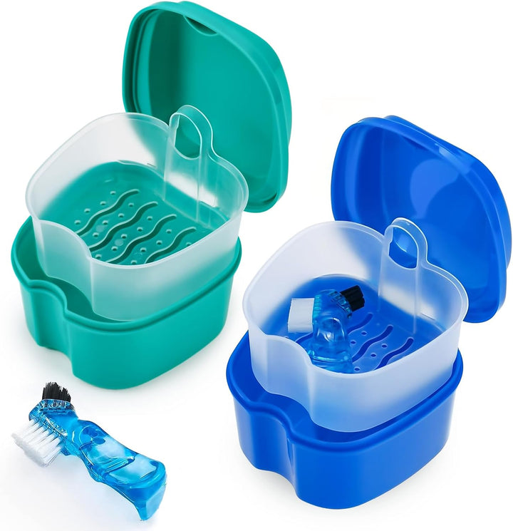 Black Denture Soaking Container Partial Denture Case, Orthodontic Retainer Cleaning Case Denture Cleaner Container Dentures Teeth Cup with Strainer and Lid Waterproof