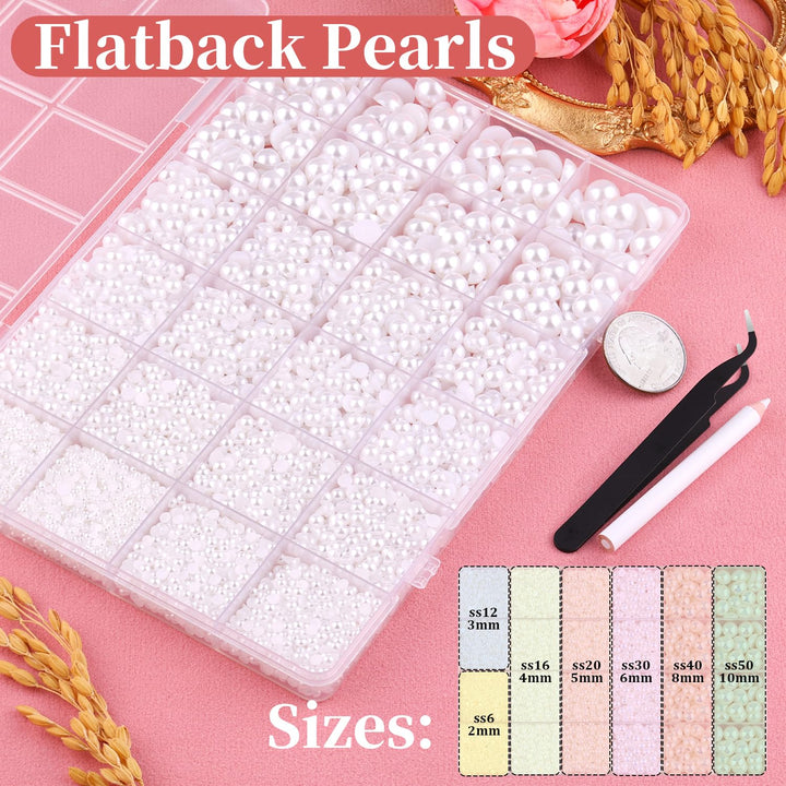 13000Pcs Flatback Pearls for Crafting (White), Assorted Size 2/3/4/5/6/8/10Mm Half Pearl Bead Gems with 3Pcs 10Ml B7000 Jewelry Glue, Bedazzling Kit for Crafts Shoes Graduation Cap Nail Art