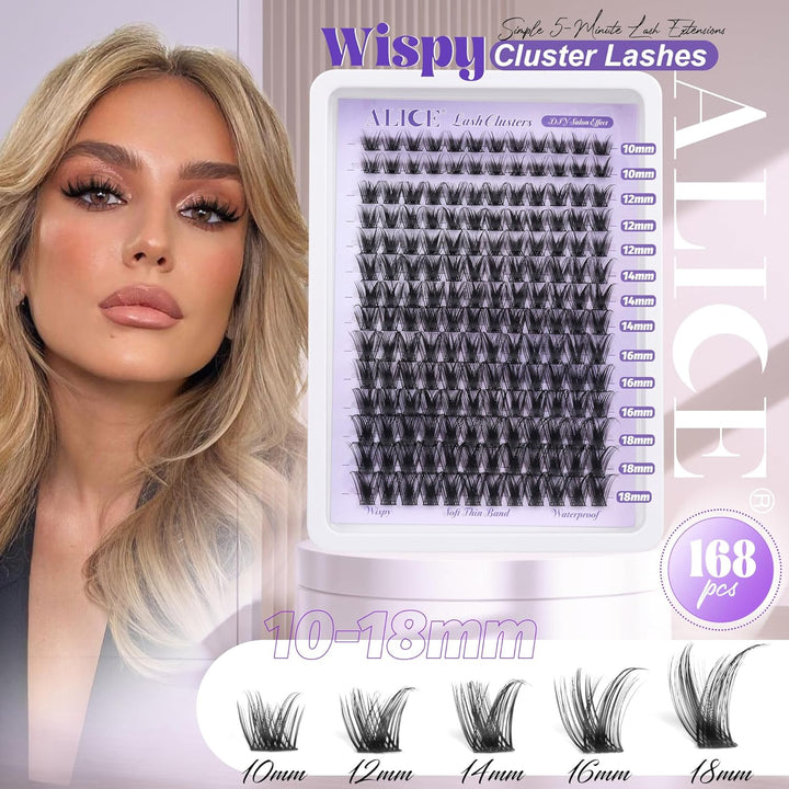 Lash Clusters Wispy Eyelash Clusters 10-18Mm 168Pcs Cluster Eyelash Extensions Natural Volume Lash Extensions DIY Individual Lashes Clusters with Soft Thin Band