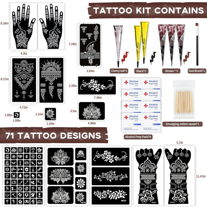 Temporary Tattoo Stencil Kit 10 Sheets, 6 Pcs Tattoo Cones 3 Color (Black/Brown/Cherry Red) with Brush/Cotton Swabstool, India Art Skin Painting Designs for Women Men Kids DIY Gifts