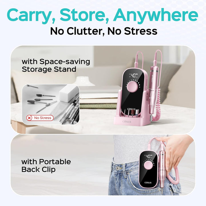 Professional Rechargeable Electric Nail Drill 40000 RPM, Portable Nail File with Storage Stand for Acrylic Gel Polishing Removing - Easy to Use for Women, Manicure at Home DIY or Salon, Pink