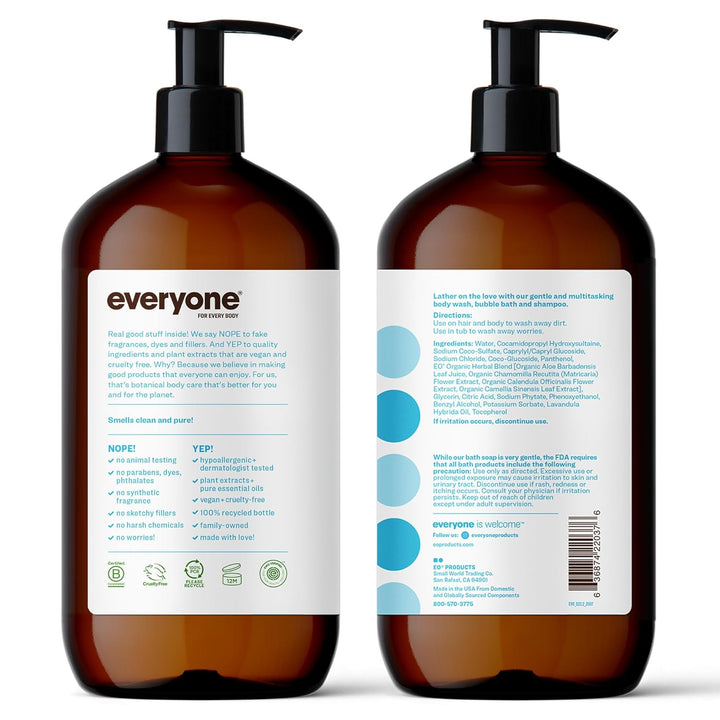 Everyone 3-In-1 Soap, Body Wash, Bubble Bath, Shampoo, 32 Ounce (Pack of 2), Unscented, Made for Men and Women