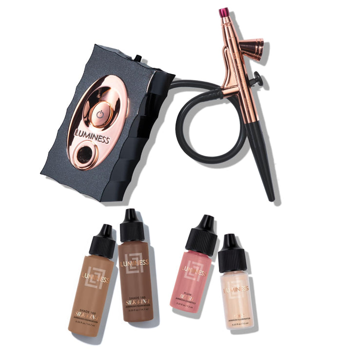 Air Icon Makeup Airbrush System and 4-Piece Foundation Starter Kit, Medium Coverage - Quick, Easy & Long Lasting Application - Includes Silk 4-In-1 Foundation, Highlighter & Blush