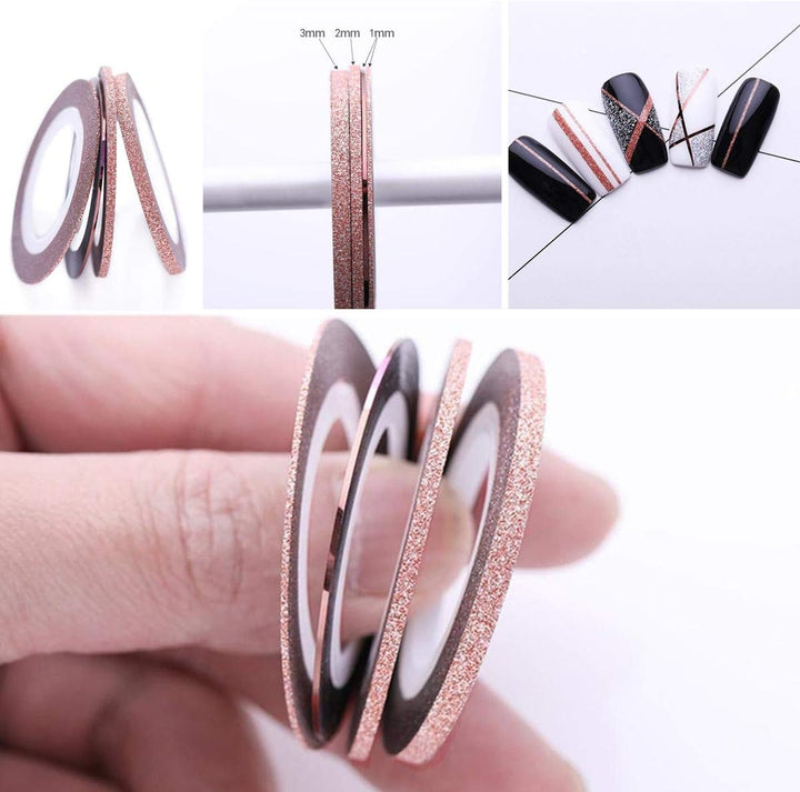 Rose Gold Nail Striping Tape, 8 Rolls, Matte Texture, Glitter, DIY Nail Art Decorations