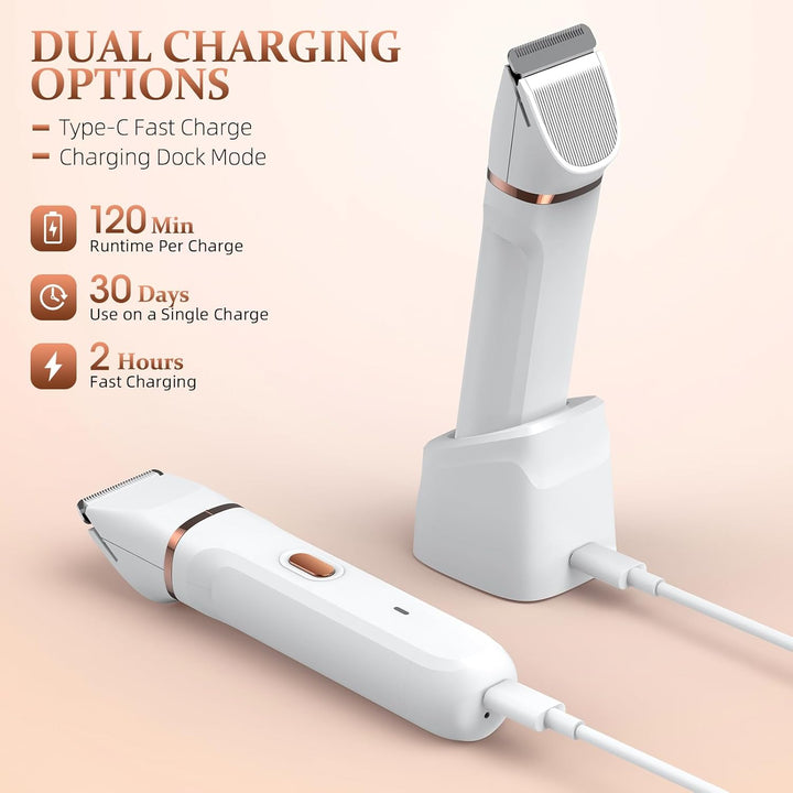 5-In-1 Bikini Trimmer for Women, IPX7 Waterproof Electric Razors Shaver, Cordless Body Hair Trimmer, Facial & Pubic Hair Removal, Ceramic Blade (White)