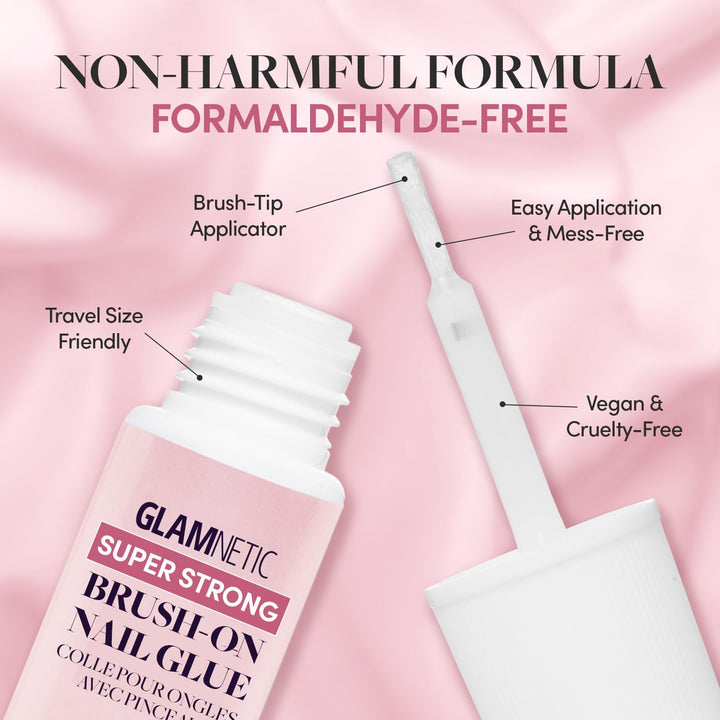 Super Strong Brush on Nail Glue | Brush Tip Applicator, Mess Free, Travel Friendly, Vegan | Durable & Long-Lasting | .24 Fl. Oz.