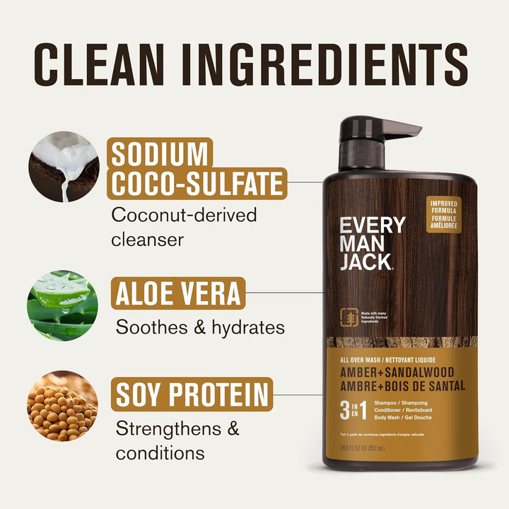Amber + Sandalwood Hydrating Mens 3-In-1 All over Wash for All Skin and Hair Types - Body Wash, Shampoo and Conditioner with Naturally Derived Ingredients - 28.8Oz (2 Pack)