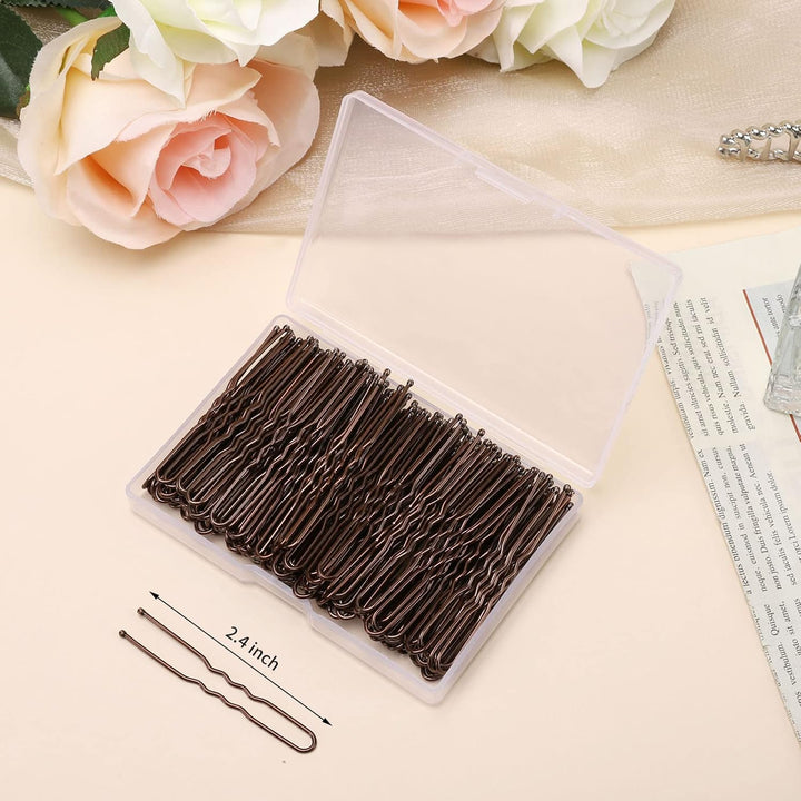 U Shaped Hair Pins, 200 Count Buns Waved Hair Pins for Updos with Box for Women Lady Girls Bobby Pins French Historical Hair Styling Pins Hair Accessories (Brown, 2.4 Inch)