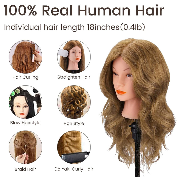 Mannequin Head with 100% Real Hair for Cosmetology,  18" Light Brown Hairdresser Training Head with Clamp Holder and Tool, Doll Head Mannequin Head for Hair Styling Practice
