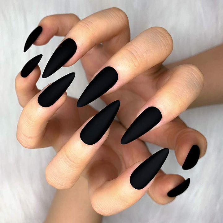 24Pcs Fake Nails Matte Pure Color Medium Long Stiletto Almond Press on Nail False Tips Artificial Finger Manicure for Women (Black)
