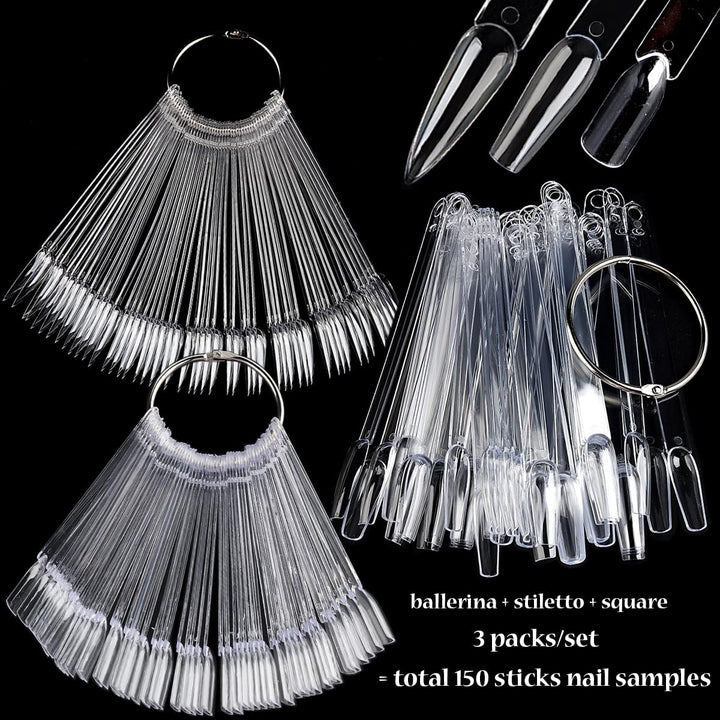 Nail Color Swatch Sticks with Ring, 150Pcs Ballerina Square Stiletto Clear Nail Tips, Nail Polish Display Sample Sticks, Practice Nail Tips, Nail Salon Supplies