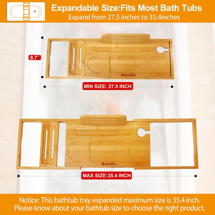 Premium Bamboo Bathtub Tray Caddy - Bath Tub Tray Table for Bathtub - Bath Caddy Tray for Bathtub, Expandable Size, Fits Most Bath Tubs