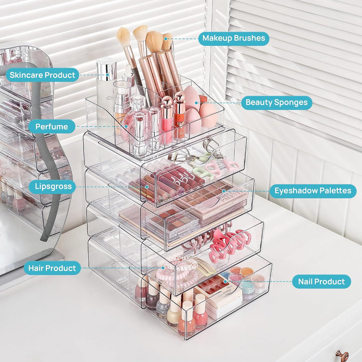3 Tier Clear Makeup Organizer with Drawer, Cosmetic Storage for Dresser Countertop and Bathroom Vanity, Beauty Holder for Lipstick Brush Skincare