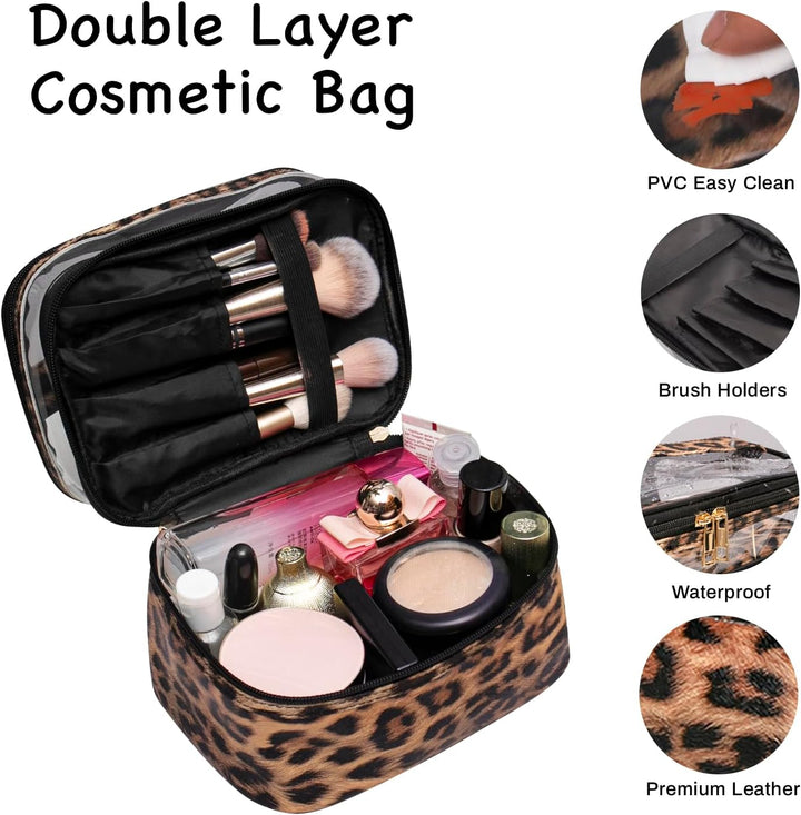 Double-Layer Cosmetic Bag Makeup Bag Travel Makeup Bag Makeup Bags for Women Cosmetics Cases Portable Waterproof Foldable (Leopard)