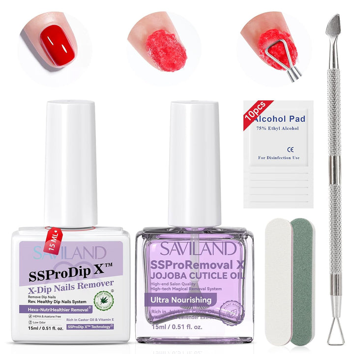 Sspro X Dip Powder Remover Kit: Gentle & Easy Dip Nails Removal No Need Soaking or Wrapping with Nail File Nail Scraper for Dipping Powder 0.5 Floz Home Use