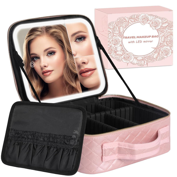 Makeup Bag with LED Mirror, Makeup Organizer Train Case with 1X,2X,3X Vanity Mirror, Adjustable Brightness in 3 Color Settings, Portable Make up Bag with Brush Holder & Storage Dividers, Pink