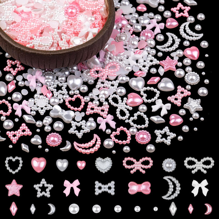 600Pcs 3D Multi Shapes Nail Charms and Flatback Pearls, White Mix Styles Heart Star Bow Sunflower Embellishments for Nail Art, Craft and Decoration with Glue Gel, Tweezer and Pickup Pencil