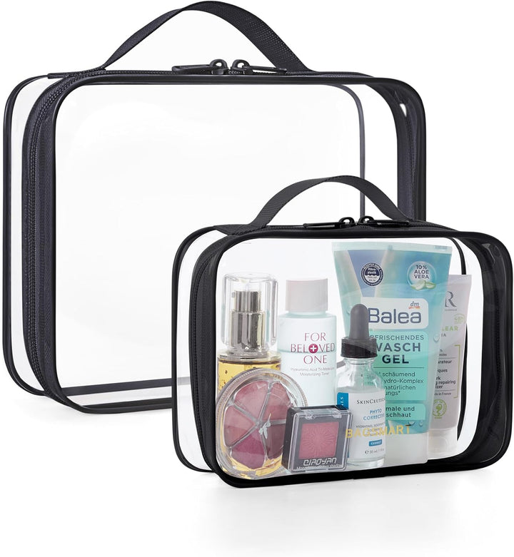 Clear Toiletry Bag, 2 Pack TSA Approved Travel Toiletry Bag Carry on Travel Accessories Bag Airport Airline Quart Size Bags Water Repellent Makeup Cosmetic Bag for Women (Black-2Pcs)