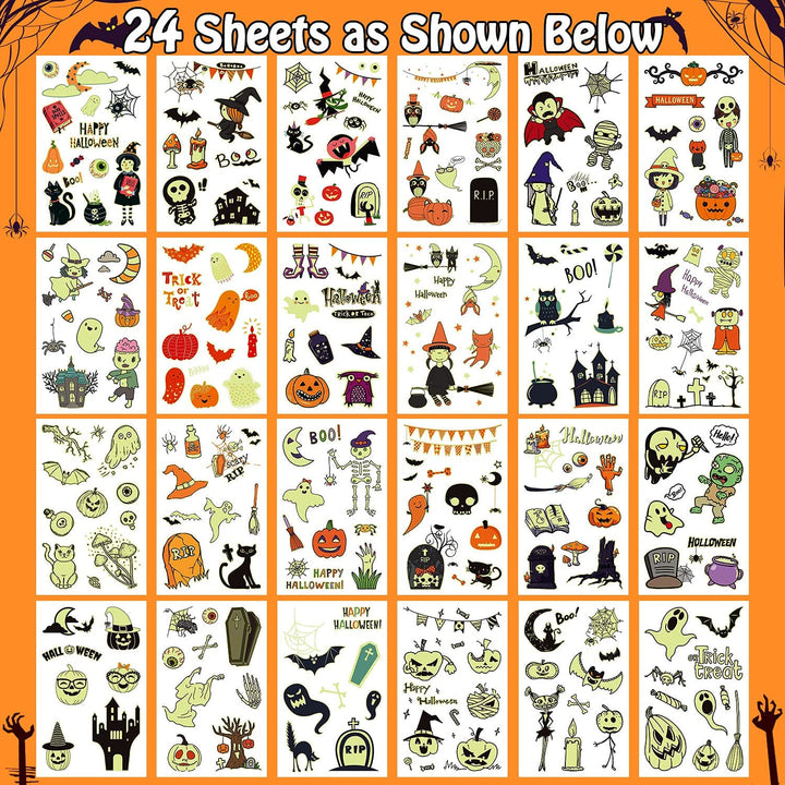 250 Styles Glow Halloween Party Supplies, Luminous Halloween Temporary Tattoos for Kids Birthday Party Decorations Favors, Halloween Goodie Bag Fillers (24 Sheets)