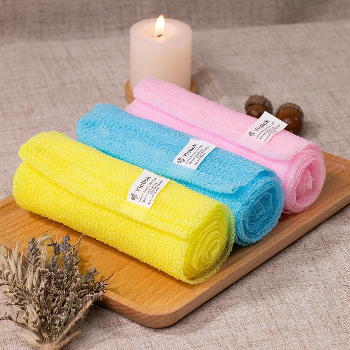 Exfoliating Washcloth Towel [3 Pack], Japanese Exfoliating Wash Cloth, Korean Body Scrubber Exfoliator, Back Scrubber Washer for Shower Bath, Body Scrub African Net Sponge Loofah Luffa Colors