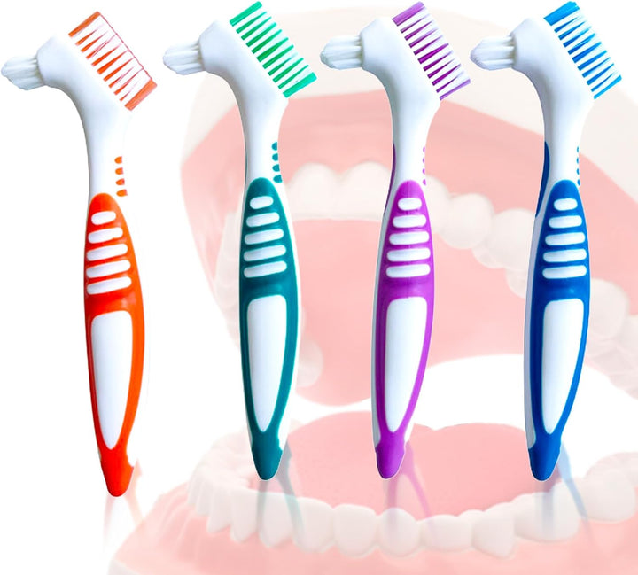 Denture Brush,4Pcs Denture Toothbrush,Dentures Cleaner Brush for Dental Devices,Mouth Guard, False Teeth,No-Slip Handle Dental Appliance Cleaning Brushs (4 Colors 4Pcs)