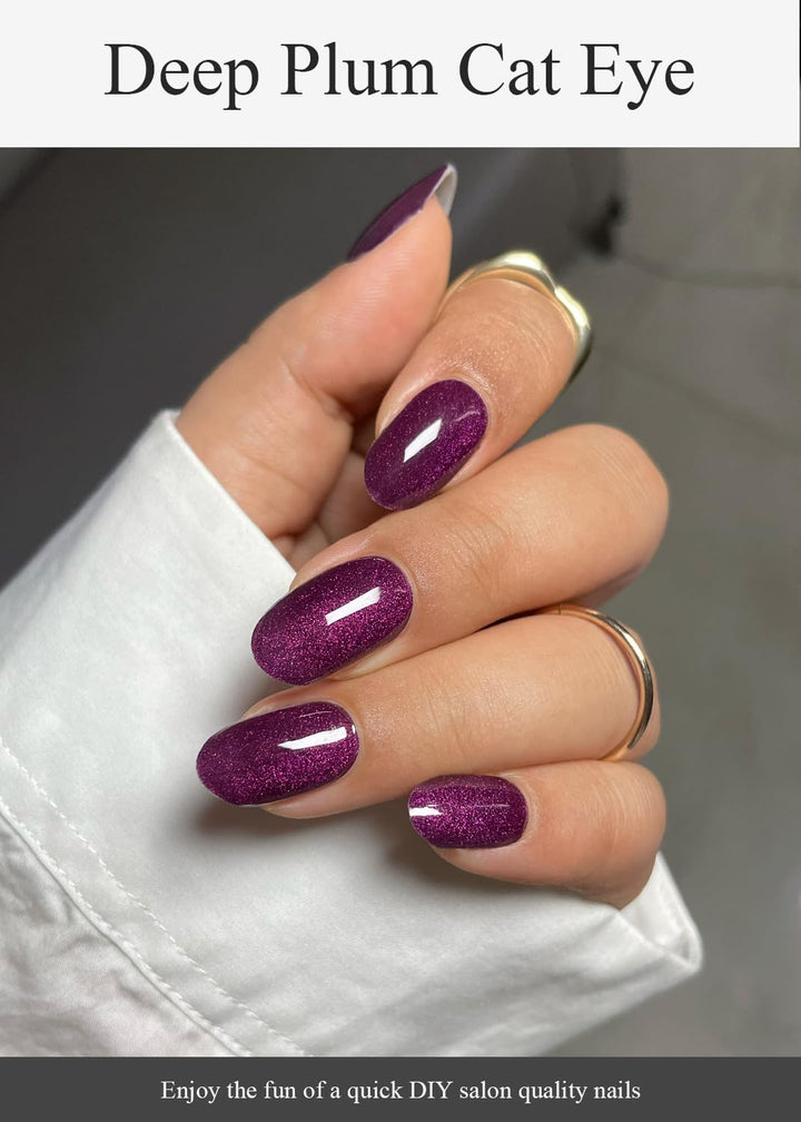 Semi Cured Gel Nail Strips (Deep Plum Cat Eye), Dark Purple, 20 Pcs Gel Nail Wraps, Stickers, UV Light Required, Salon Quality, Long Lasting