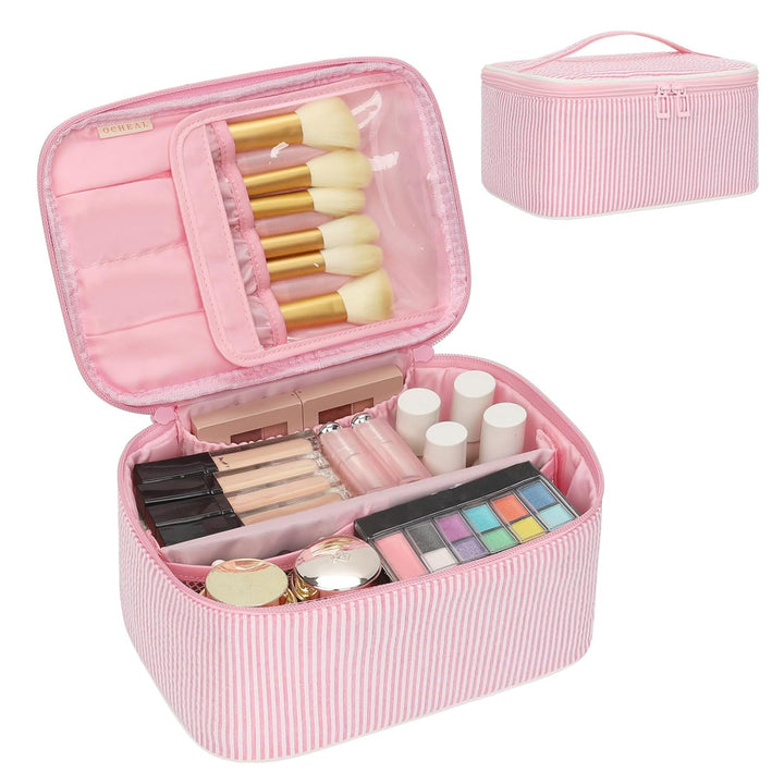 Makeup Bag, Portable Cosmetic Bag, Large Capacity Travel Makeup Case Organizer, Black for Women Toiletry Bag for Girls Traveling with Handle and Divider