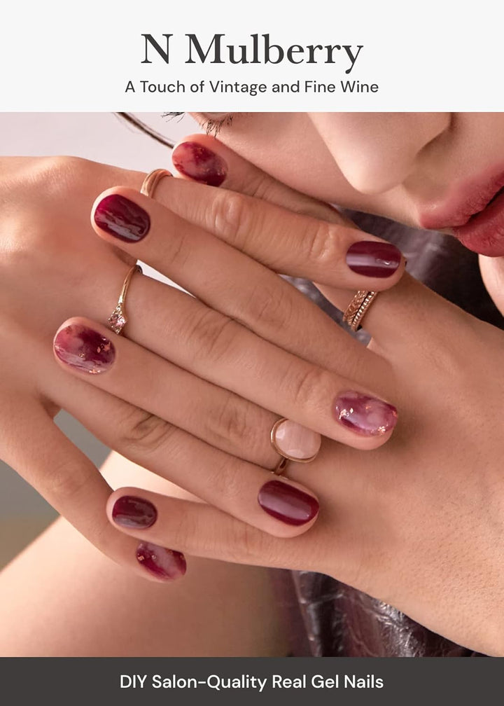 Semi Cured Gel Nail Strips (N Mulberry) - Red, Ombre, Works with Any UV/LED Lamps, Salon-Quality, Long Lasting, Easy to Apply & Remove - Includes 2 Prep Pads, Nail File & Wooden Stick