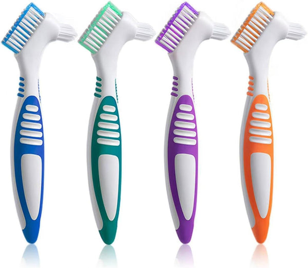 Denture Brush 4Pcs Denture Toothbrushes，Denture Cleaning Care Cleaning Brush ，Double Sided Toothbrush，Multi-Layered Bristles and Rubber Anti-Slip Handle (Purple, Green, Blue, Orange)