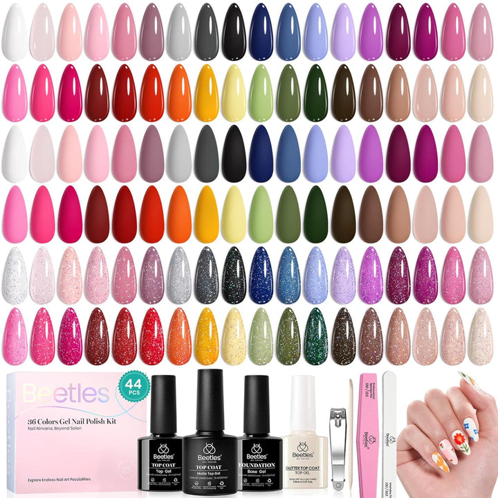 44Pcs Fall Gel Nail Polish Set 36 Colors Brown Burgundy Red Blue Purple Orange Green Black Nude White with Base Top Coat UV LED Needed Salon DIY at Home Gift for Women Colorful Muse