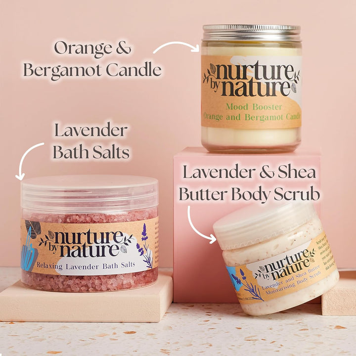 Nurture by Nature RELAX & CALM Spa Kit - Birthday Gifts for Women - Spa Gift Baskets for Women, 6-In-1 Self Care Kit, Bath Sets Gift - Lavender Pillow Mist, Bath Salts, Body Scrub, Bath Bomb