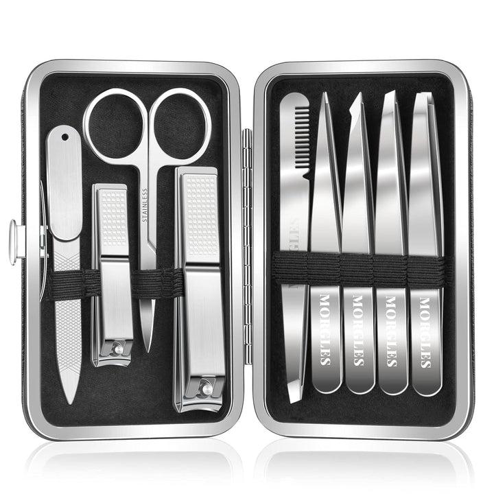 Tweezers Set and Nail Clippers, 9 Pcs Stainless Steel Tweezers Kit for Men Professional Manicure Set for Men Grooming Kit with Leather Travel Case