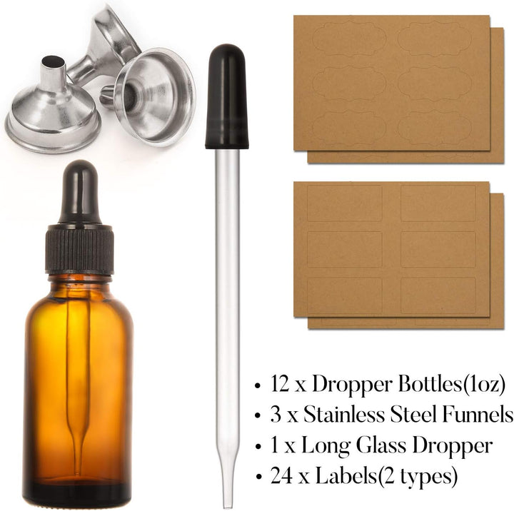 12 Pcs, 1 Oz Amber Dropper Bottles W/ 3 Stainless Steel Funnels & 1 Long Glass Dropper - 30Ml Glass Bottles with Eye Droppers, Leakproof Essential Oils Bottle for Health, Personal Care & Beauty