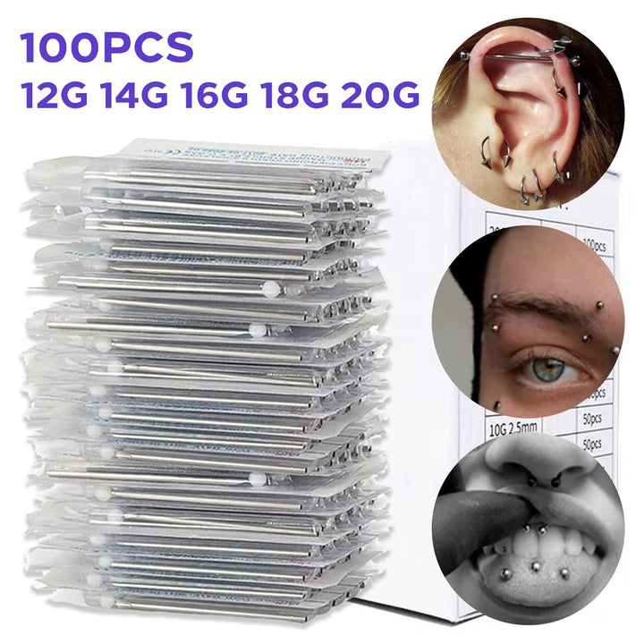 100Pcs Mixed Piercing Needles -  20G 18G 16G 14G 12G Hollow Needles Ear Nose Piercing Needle for Lip Tongue Belly Navel Nipple Professional Piercing Tools