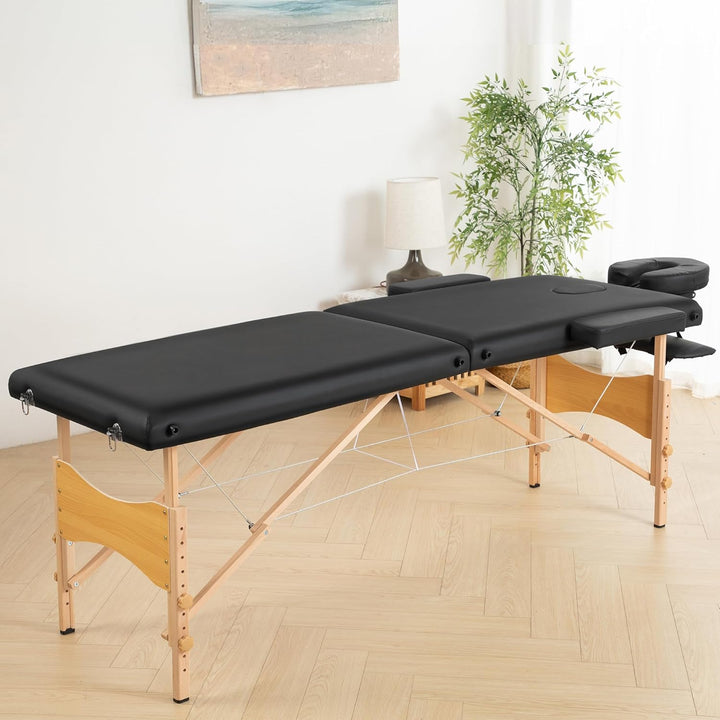 Massage Table Portable Wooden Lash Bed 24" Wide Adjustable Height 2-Fold Spa Table Foldable Tattoo Bed (Black)