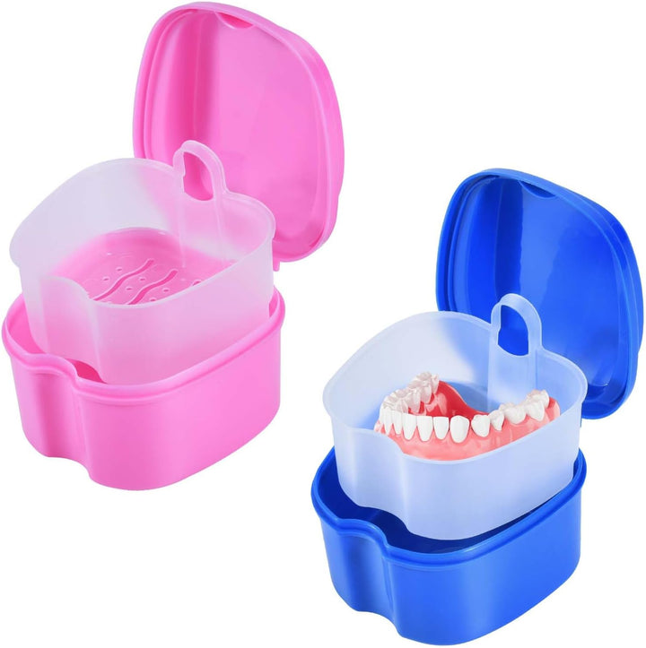 2 Pack Colors Denture Bath Case Cup Box Holder Storage Soak Container with Strainer Basket for Travel Cleaning (Light Blue and Blue)