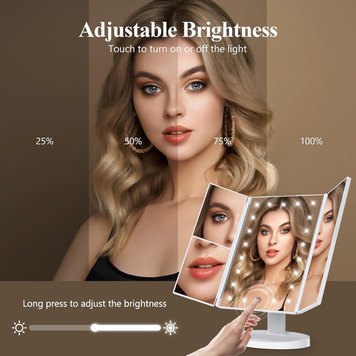Makeup Mirror Vanity Mirror with Lights, 2X, 3X, 10X Magnification, Touch Control, Trifold, White, 9.4" L X 13.4" W, Modern Style, Dresser Mount, Bathroom