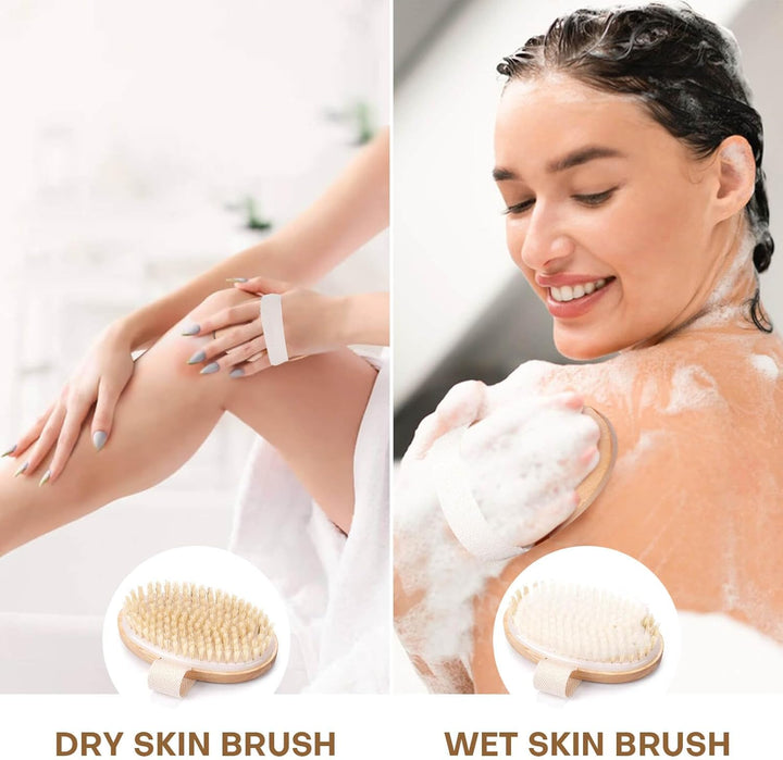 2 Pack Dry Brushing Body Brush, Natural Bristle Exfoliating Brush with Massage Nodes, for Lymphatic Drainage and Improving Skin Health and Reduces Acne