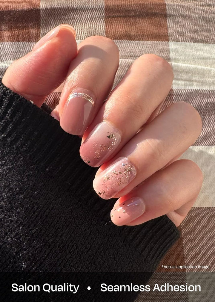 Semi Cured Gel Nail Strips (N Dreaming Glow) - Nude, Glitter, Works with Any UV/LED Lamps, Salon-Quality, Long Lasting, Easy to Apply & Remove - Includes 2 Prep Pads, Nail File & Wooden Stick