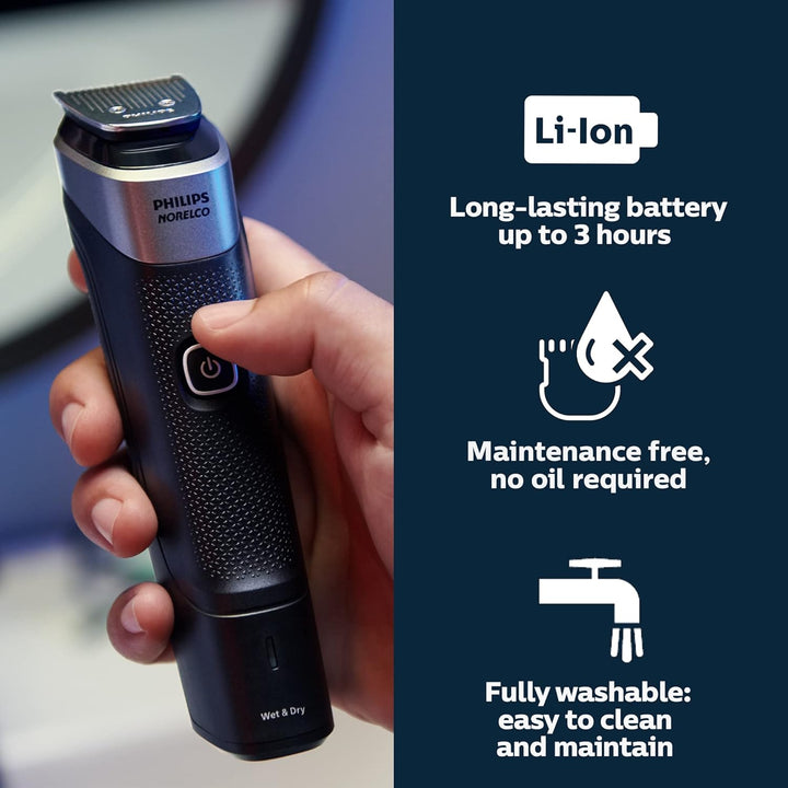 Multigroom Series 5000 18 Piece, Beard Face, Hair, Body and Intimate Hair Trimmer for Men - NO BLADE OIL MG5910/49