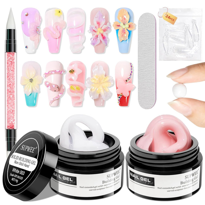 3D Nail Art Gel Clear and White Solid Builder Gel for Nails Non-Stick Hand Sculpture Hard Gels with Dual Form for Carving Patterns Decoration Nail Art Home Manicure DIY for Women