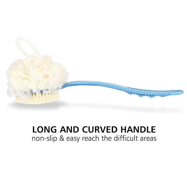 Shower Body Brush with Bristles and Loofah,Back Scrubber Bath Mesh Sponge with Curved Long Handle for Skin Exfoliating Bath, Massage Bristles Suitable for Wet or Dry, Men and Women (Blue)