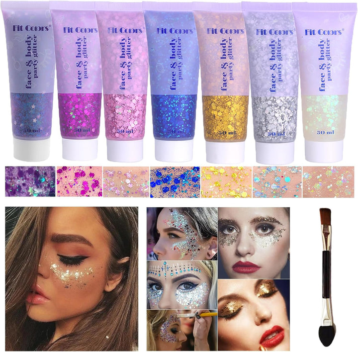 Body Glitter Face Glitter Gel: Singer Concerts Disco Festival Rave Accessories Face Glitter Makeup 150Ml Chunky Sequins Mermaid Face Body Hair Glitter Gel (White&Silver&Pink)