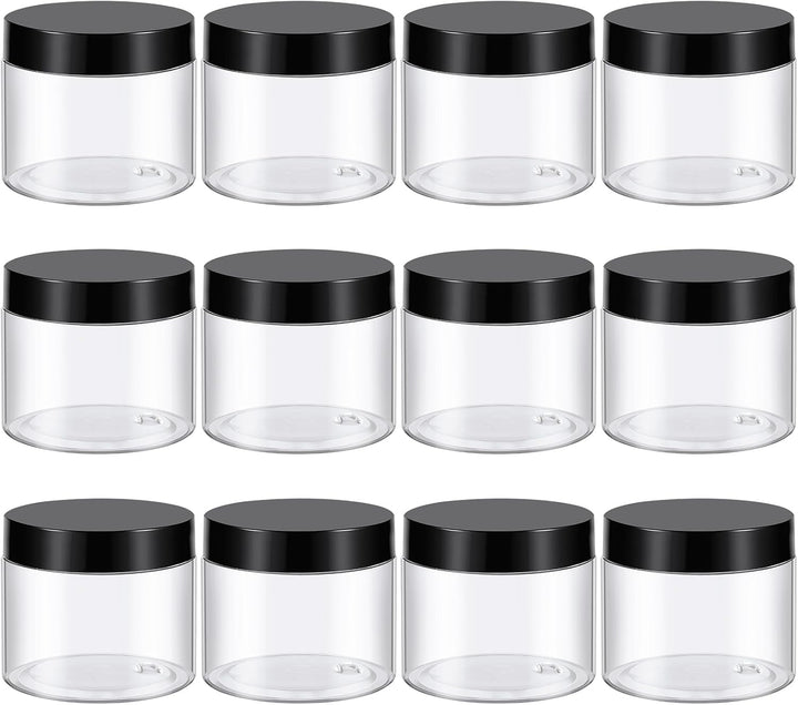 4 Oz Plastic Container Jars with Lids and Labels BPA Free, Empty round Clear Cosmetic Slime Jars for Lotion, Cream, Ointments, Body Butter, Makeup, Travel Storage (12 Pack)
