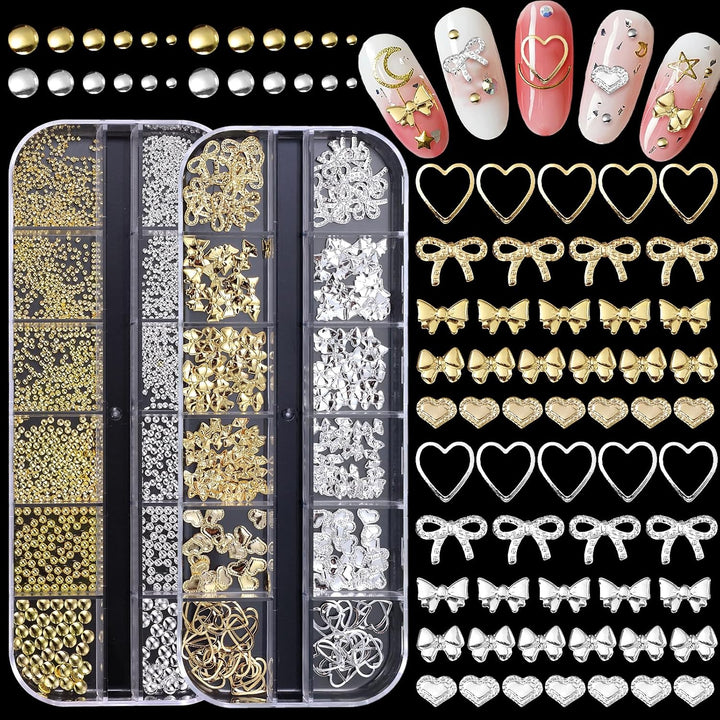 2 Boxes Gold Star Nail Gems Charms, Metal Starshine Studs, Silver Golden Micro Caviar Beads, DIY Accessories for Nail Art