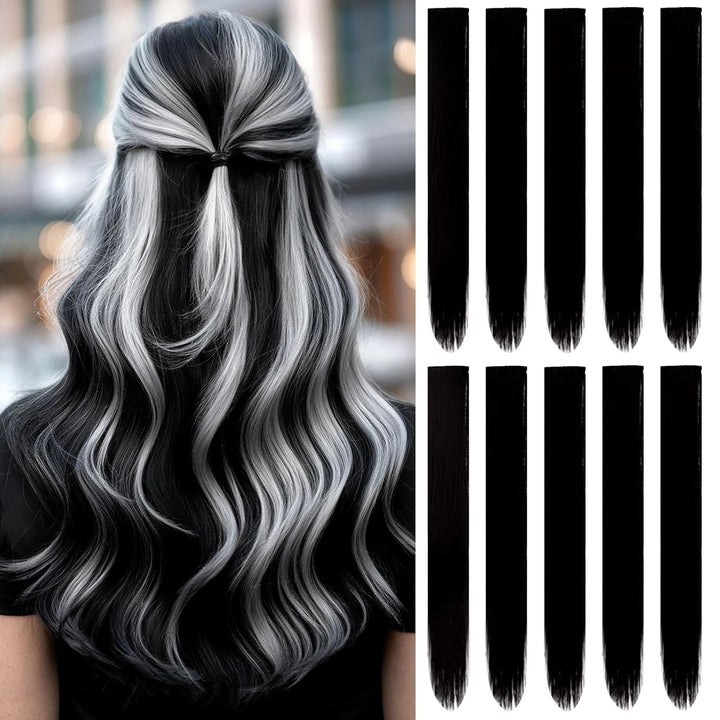 22 Inch Colored Hair Extensions Straight Hairpiece, Colorful Party Highlights Clip in Long Synthetic Hair Extensions for Women Kids Girls Favor Gift(10 PCS Hot Pink)