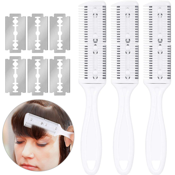 3 Pieces Hair Cutting Comb Set with 10 Razors, Double Edge Razor, Thinning Comb for Slim Haircuts (Green, Purple, Pink)