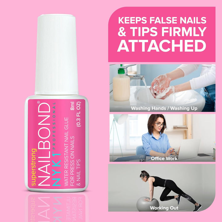 Super Strong Nail Glue for Press on Nails, Nail Tips & Acrylic Fake Nails (8Ml)  Nailbond Brush on Glue for Press Ons, Tips & Acrylics - Long Lasting, Maximum Strength, Mess-Free Application